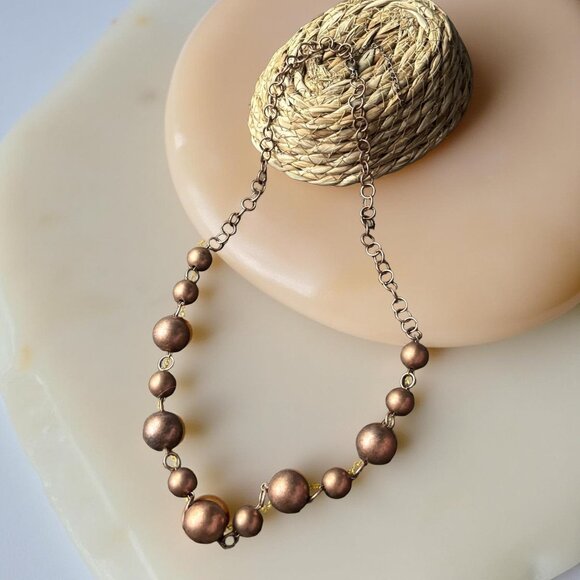 Vintage Copper-Tone Bead Necklace with Lobster Clasp – 1980s Modern Revival - Picture 3 of 5